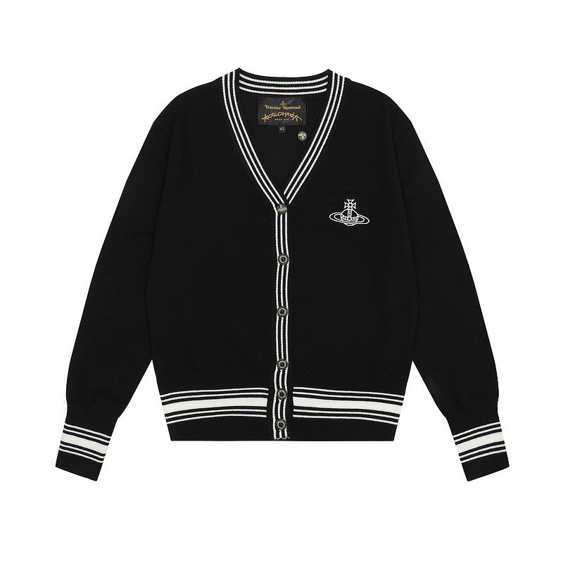 Vivienne Westwood Four Seasons Thin Transport Saturn V คอสไตล์ขี้เกียจปักตัวอักษรเสื้อกันหนาวคาร์ดิแกน