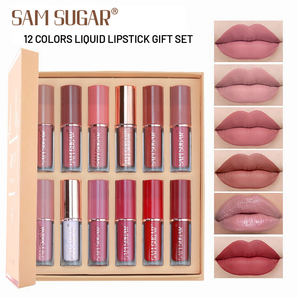 Sam SUGAR 12 Color Book Lip Gloss Set Matte Velvet Non-Stick Cup Lip Glaze ลิปสติก