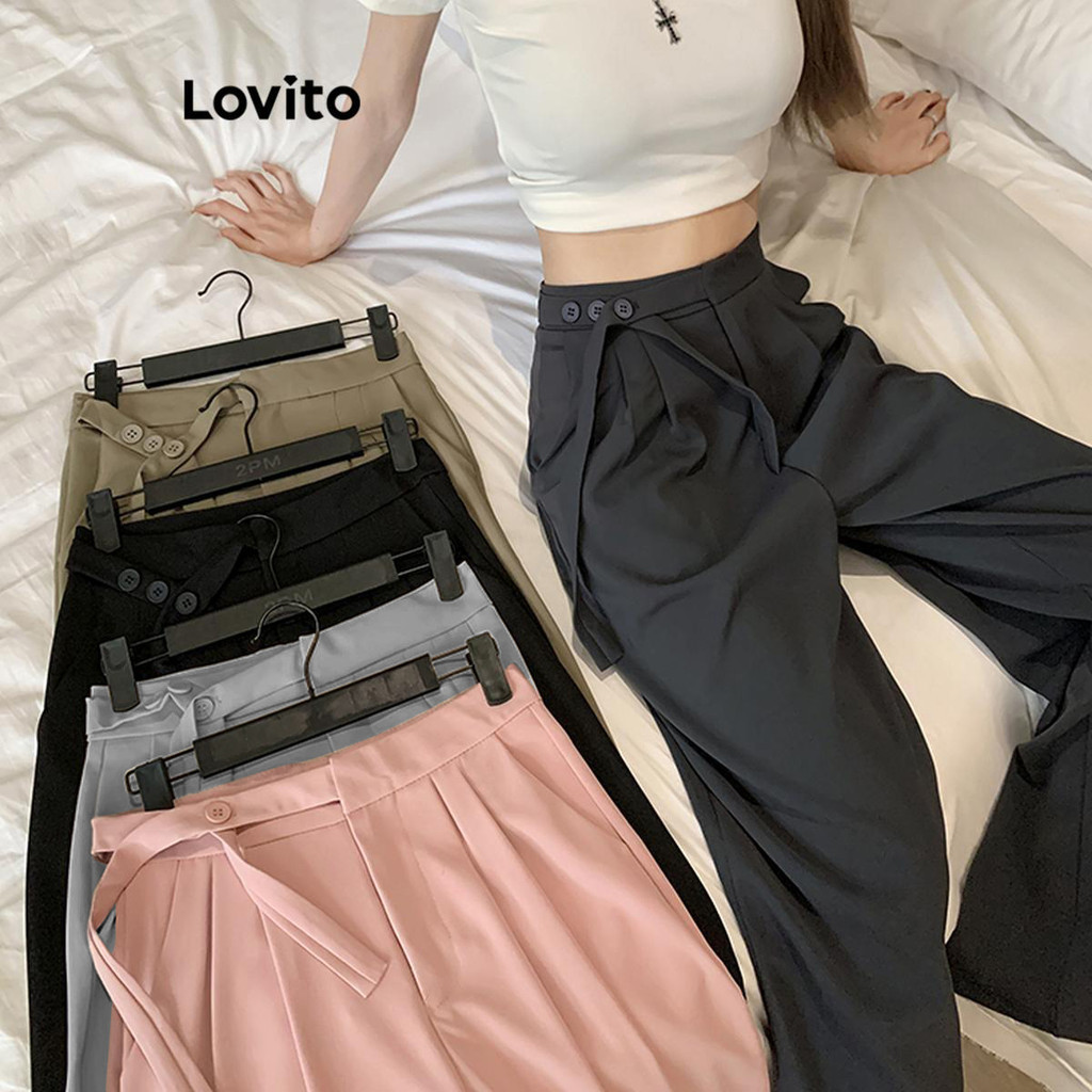 Lovito กางเกงขายาวผู้หญิง มีซิปรูด แต่งกระเป๋า สีพื้น สไตล์ลำลอง LNA46315