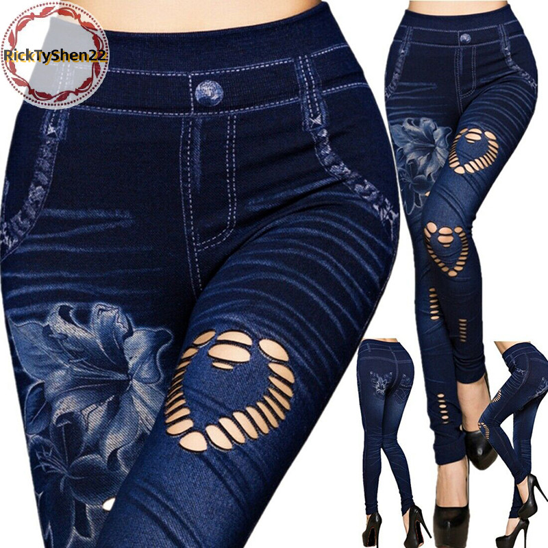 Ricktyshen ผู้หญิงเซ็กซี่ Faux Denim Jean Slim Fit Leggings กางเกงกางเกงกางเกงยืดหยุ่นกางเกงขายาว TH