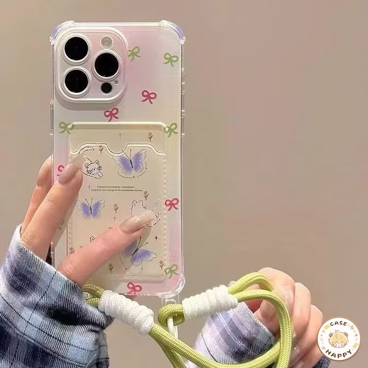 ลูกแมวผีเสื้อที่มีสีสันมัดลูกแมวส ช่องใส่บัตรพร้อมสายคล้อง เคสIPhone 11 12 15 14 13 Pro Max 7 8 Plus X XR XS Max SE 2020