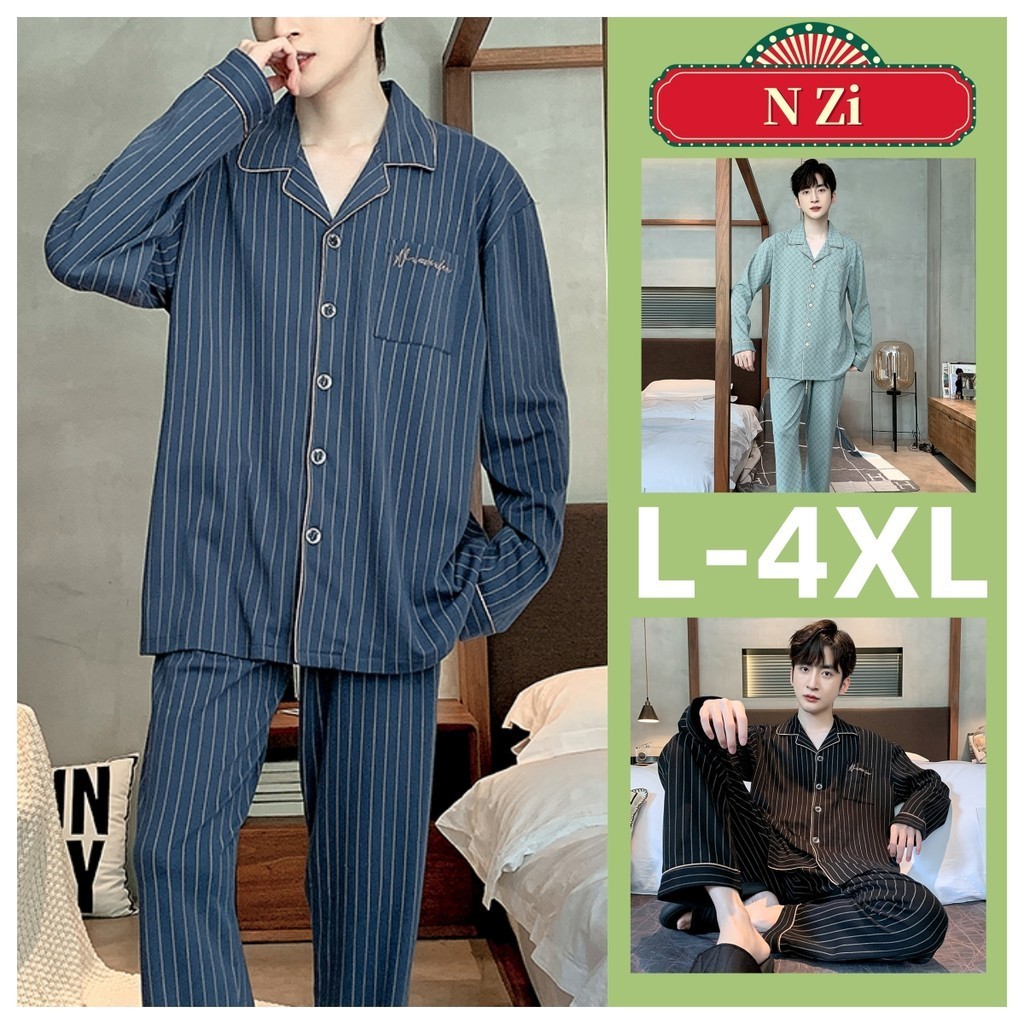 Plus ขนาดชุดนอนผู้ชายผ้าฝ้าย L-4XL ลายแขนยาว ชุดนอนชายฤดูใบไม้ร่วง Leisure Loungewear