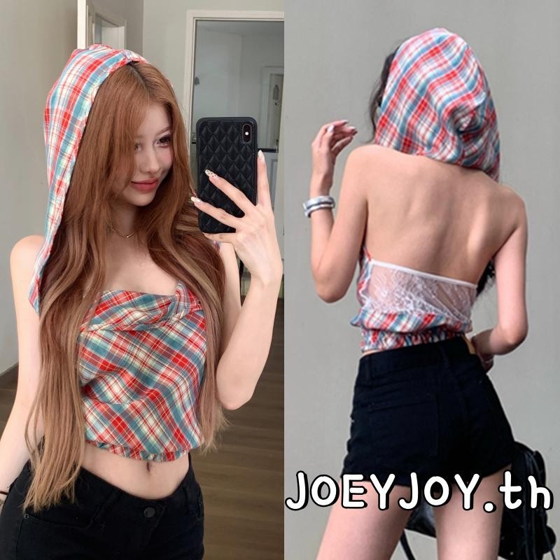 Joeyjoy-เสื้อกล้ามคอฮอลเตอร์สำหรับผู้หญิง เสื้อกั๊กฤดูร้อนผ้าลูกไม้ลายตารางไขว้แบบไม่มีฮู้ด