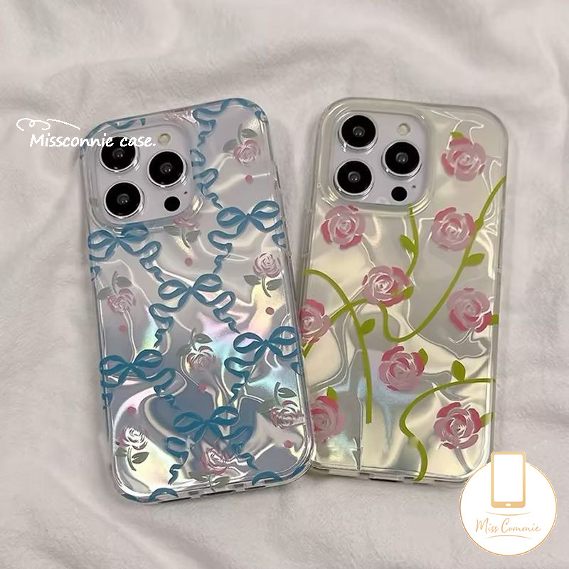 หรูหรา Ripple Luster นุ่มสําหรับ IPhone XR 11 13 15 14 12 Pro Max 8 7 14 15 Plus 7Plus X XS Max SE 2022 แฟชั่น Blue Bowknot สีชมพู Rose ดอกไม้สร้อยข้อมือฝาครอบโทรศัพท์