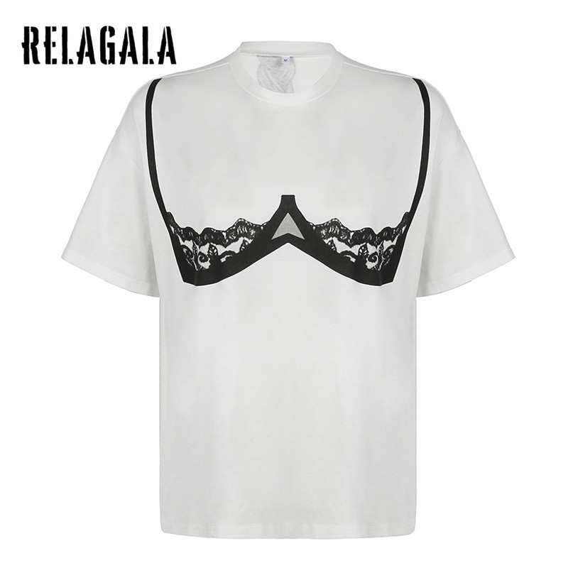 Relagala ผู้หญิง 2024 ใหม่แฟชั่นสบายๆลูกไม้พิมพ์หลวมลูกเรือคอแขนสั้นเสื้อยืดบาง