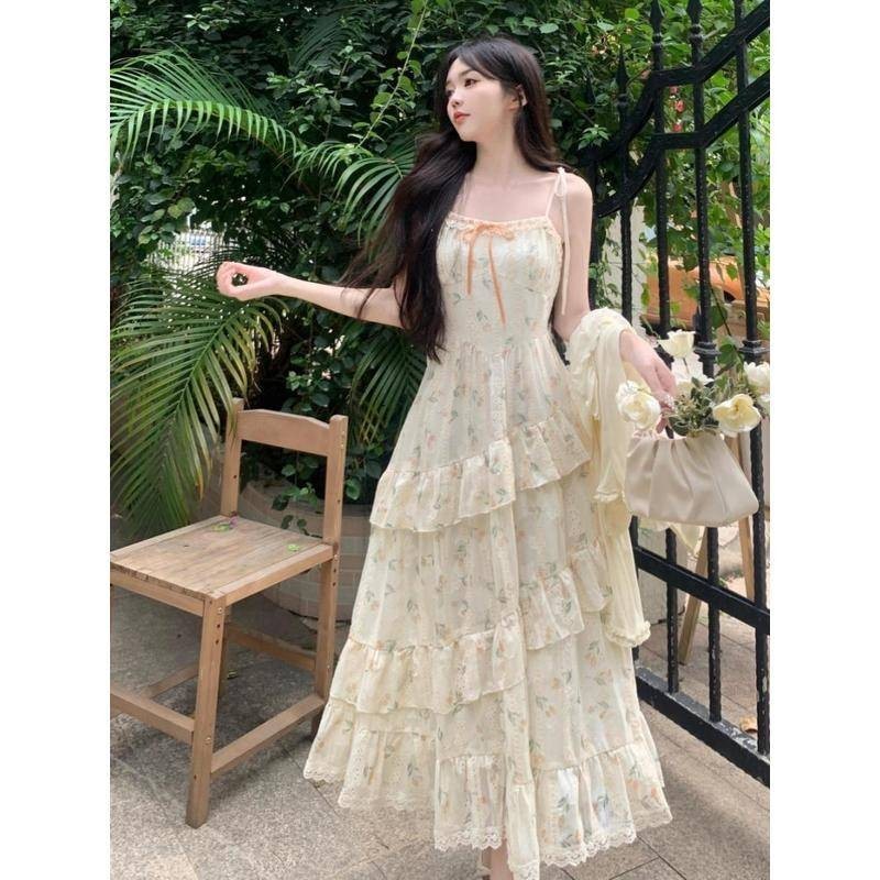 สไตล์เกาหลีสวมใส่ฤดูร้อนชุดสลิงผู้หญิงฤดูร้อนแคบ-เอว Slimmer ดู A-Line กระโปรงยาวไขมัน MM Niche ออกแบบ Ruffled กระโปรง