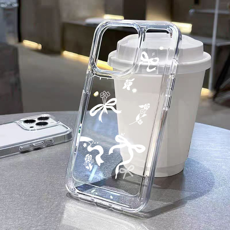 นิ่มกันกระแทก TPU เคสไอโฟน เคสโทรศัพท์ เข้ากันได้กับ iPhone 11 12 13 14 15 Pro Max XR XS X 7 8P โบว์สีขาว