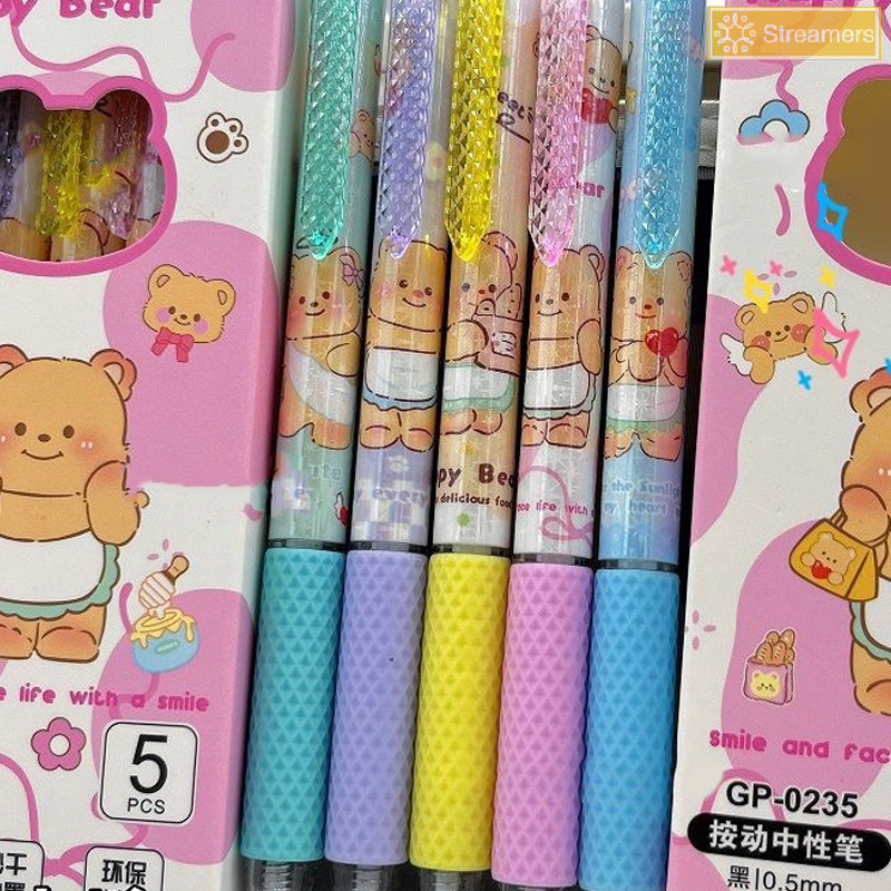 {Streamers} 5ชิ้น/กล่องน่ารักเนยหมีwrigปากกา0.5มม.ปากกาเจลst Tip SigปากกาสํานักงานนักเรียนQuick Dryingปากกาหมึกสีดําใหม่