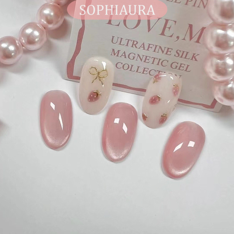 [กาวฟรี] 24PCS ฤดูร้อนสตรอเบอร์รี่สั้นอัลมอนด์ Cat Eye Almond Shape เล็บสั้นนํากลับมาใช้ใหม่ที่ถอดออกได้เล็บปลอมกดบนเล็บเล็บปลอมเล็บ Artdcoration Patch