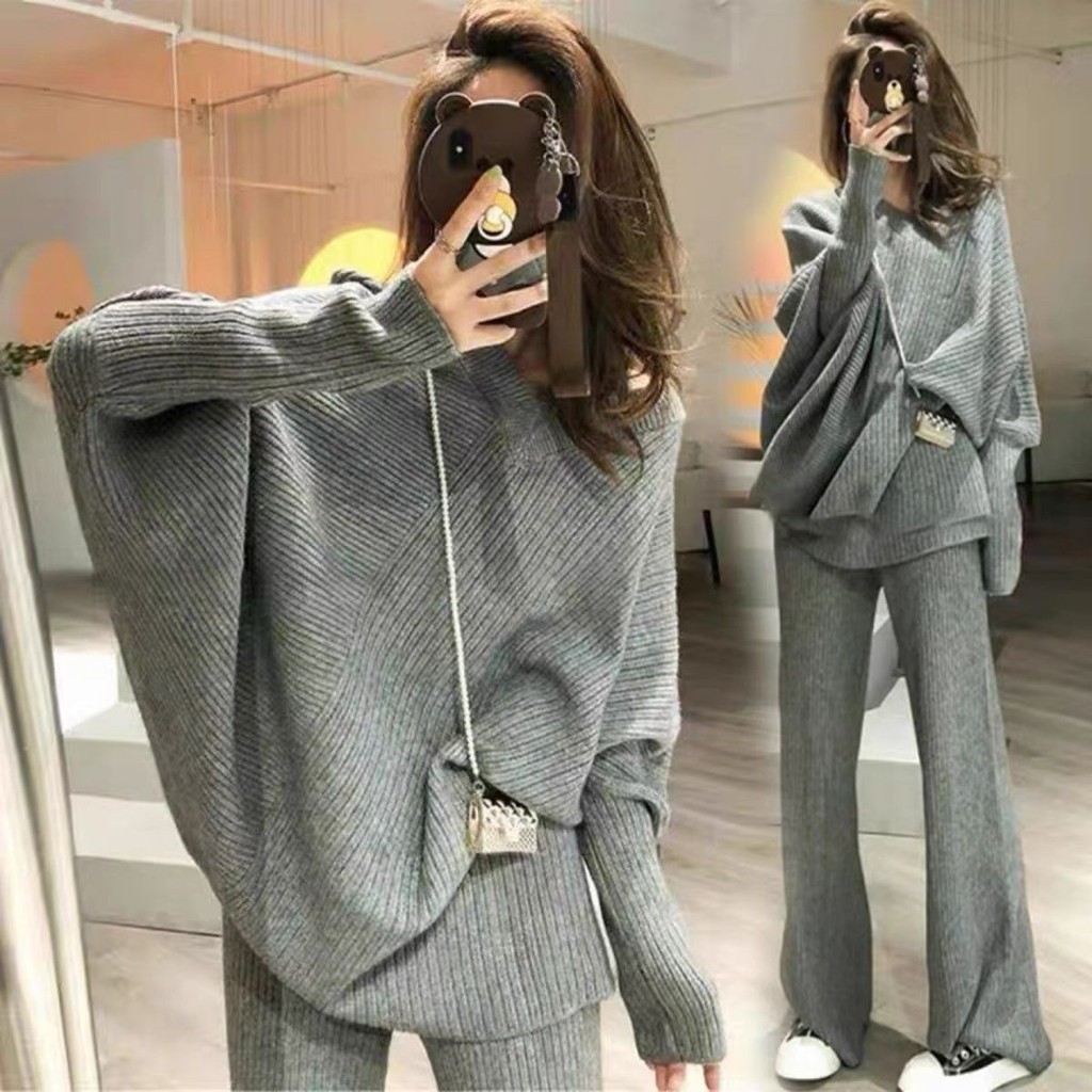 ชุดคลุมท้อง ต้นฤดูใบไม้ร่วงรูปแบบใหม่เฉพาะแขนค้างคาวเสื้อกันหนาวเสื้อกันหนาวกางเกงขากว้างสบายๆฤดูใบไม้ผลิฤดูใบไม้ร่วงสุภาพสตรีสองชิ้นเสื้อผ้าสตรี[พร้อมสต - รูปที่ 3