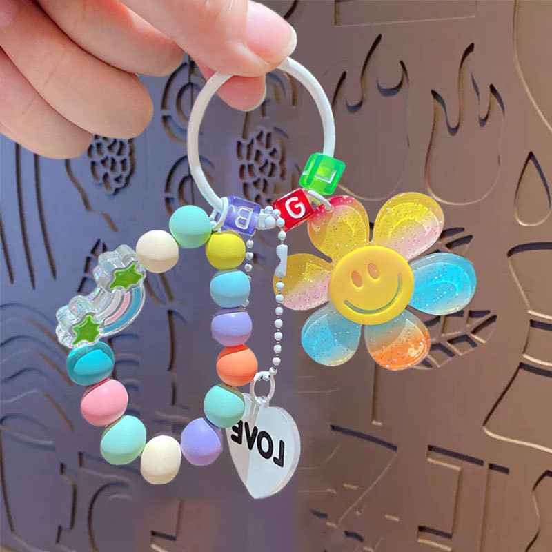 พวงกุญแจลูกปัดสีพลาสเทล พร้อมจี้ดอกไม้อะคริลิก พวงกุญแจดอกไม้ จี้ห้อยกระเป๋า - รูปที่ 4