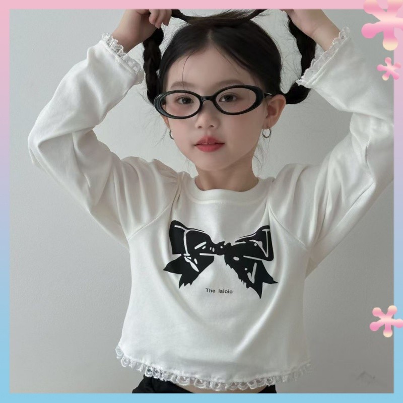 2024Autumn and Winter Korean Style Girls' Bow Print ShortTShirt Children Slimming Lace Bottoming Shirt Inner Wear