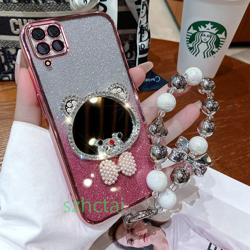 เคสโทรศัพท์ Samsung A12 M12 A22 4G a22 5G M22 กระจกแต่งหน้าหูหมีมงกุฎหรูหราพร้อมเชือกเส้นเล็ก เคส Samsung A12 M12 A22 4G a22 5G M22