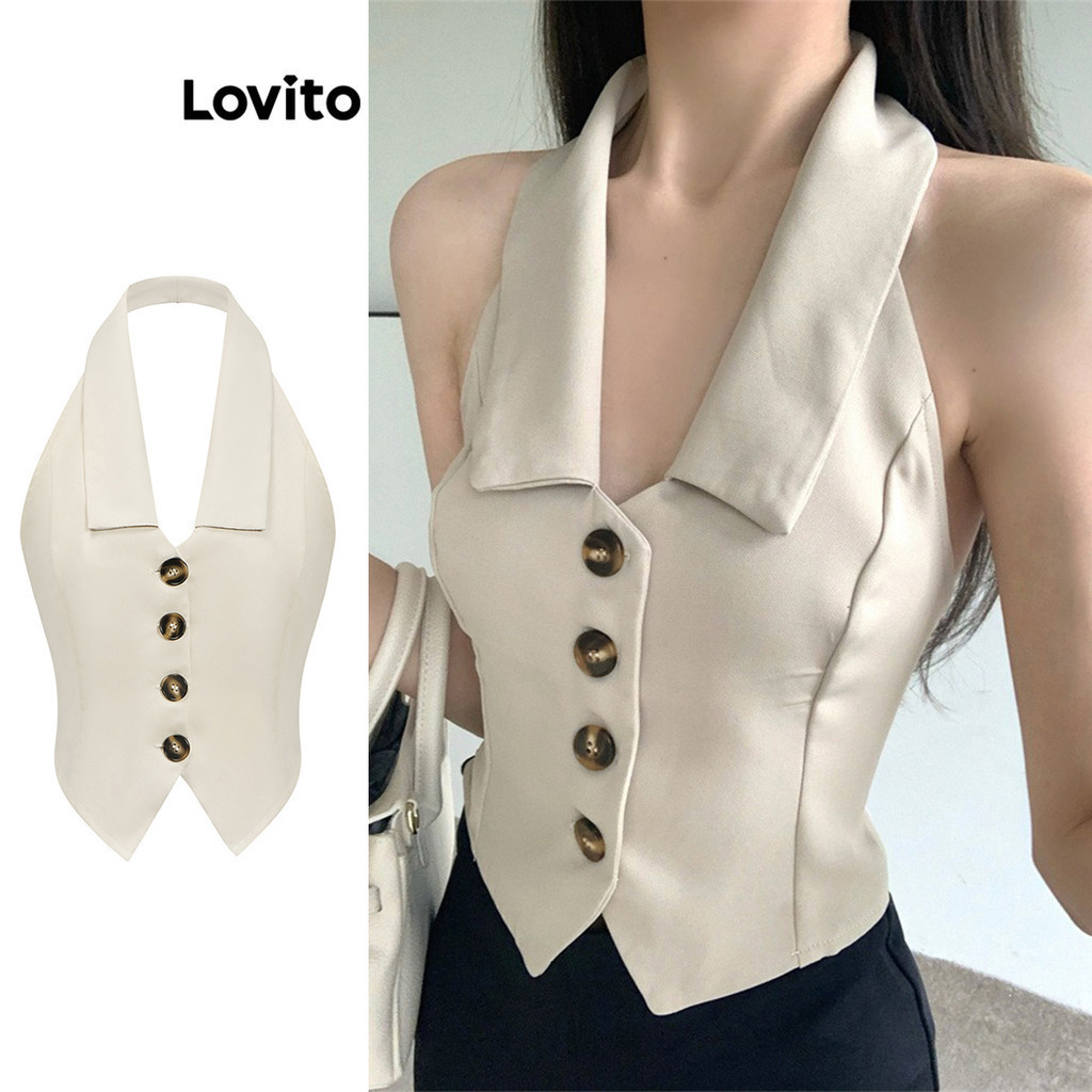Lovito เสื้อคล้องคอผู้หญิง มีกระดุมด้านหน้า สีพื้น สไตล์ลำลอง L86ED236