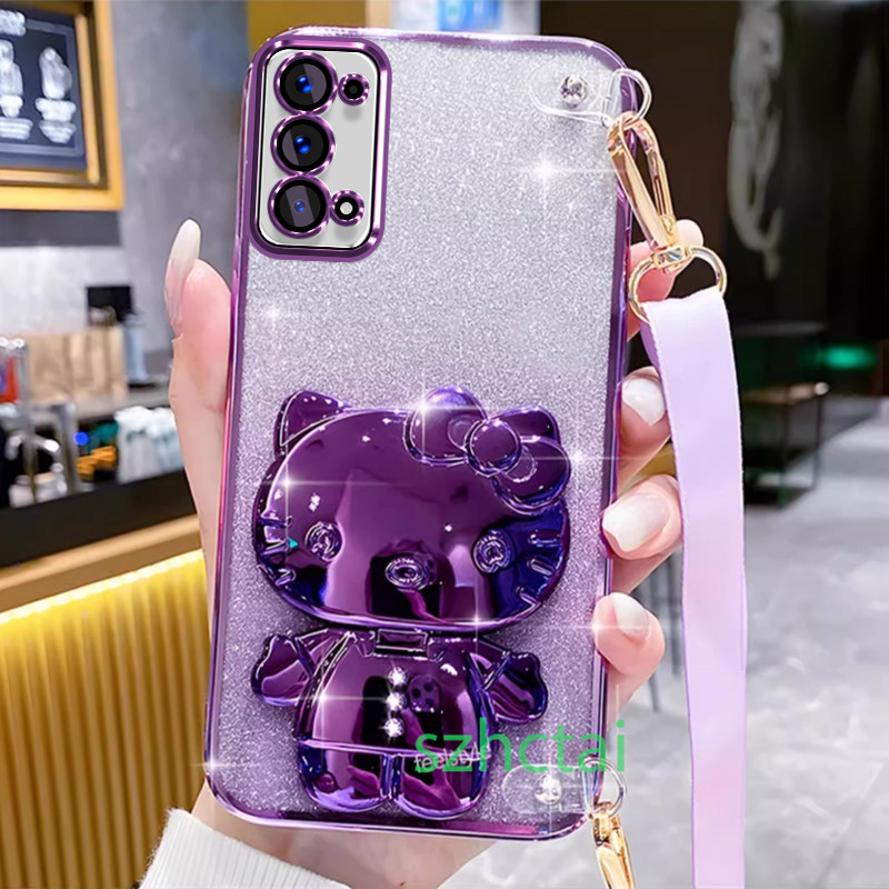 เคสโทรศัพท์ แวววาว OPPO RENO 5 5g oppo RENO 4 OPPO Reno5 สายรัดข้อมือยาวสไตล์เคสโทรศัพท์แบบนุ่มปลอก วงเล็บคิตตี้เฮลโล พร้อมกระจก เคส OPPO RENO 5 5g oppo RENO 4 OPPO Reno5