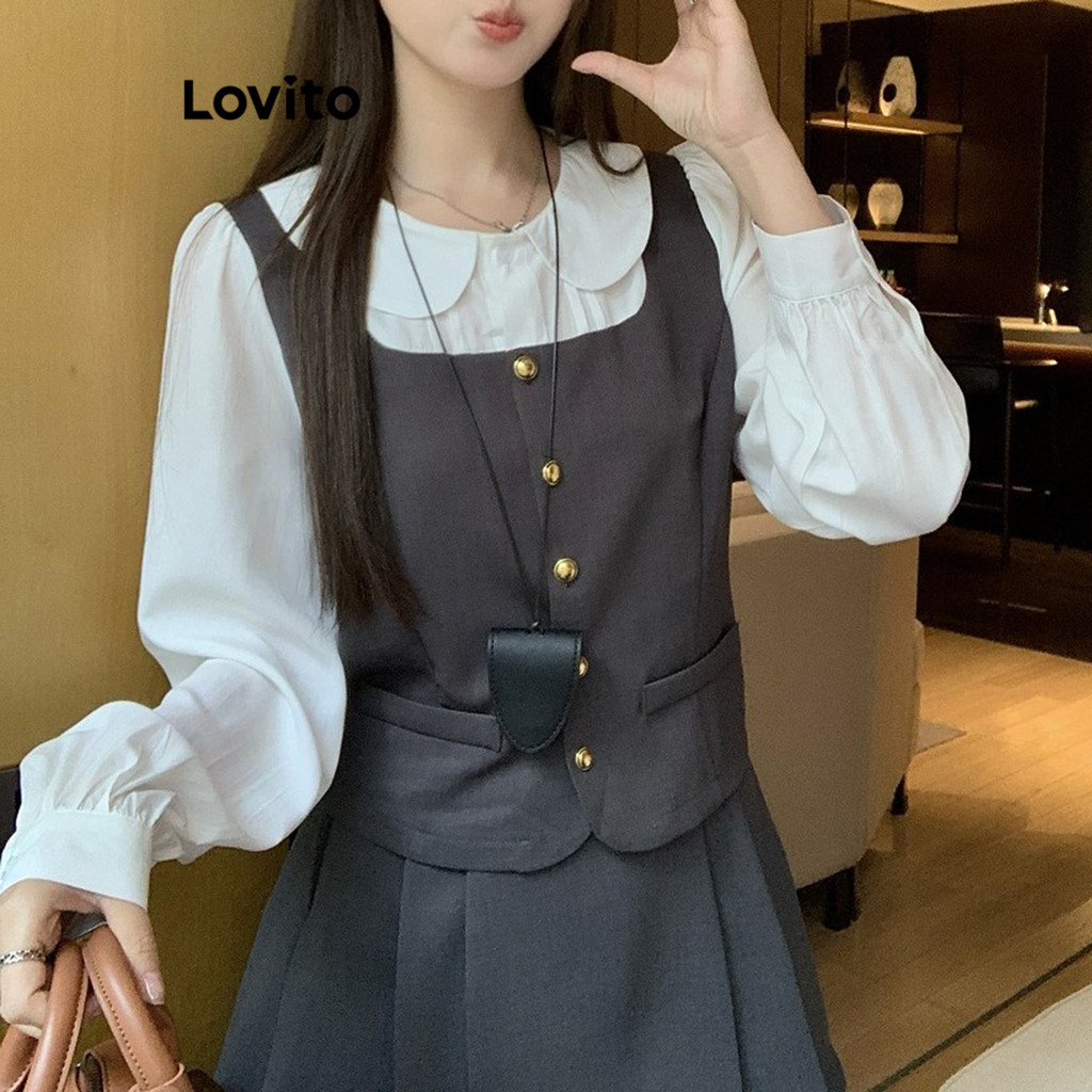 Lovito ชุดกระโปรงปุ่มธรรมดาสบาย ๆ สำหรับผู้หญิง LNA77186
