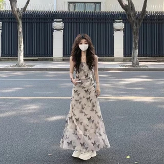 เดรสคอกลม สายเดี่ยว ลายผีเสื้อ สำหรับฤดูร้อน ดีไซน์ฝรั่งเศส