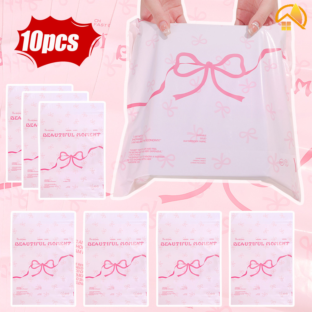 10 ชิ้นพลาสติก Courier กระเป๋าไปรษณีย์น่ารักสีชมพู Bowknot การพิมพ์ Idol การ์ดขนาดเล็กซองจดหมายของขวัญถุงบรรจุภัณฑ์
