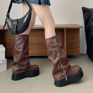 EROL ผู้หญิง Biker รองเท้า, แพลตฟอร์มเข็มขัดหัวเข็มขัดผู้หญิงเข่าสูง Booties, แฟชั่น Y2K Punk Street สไตล์ Casual ยาวท่อ Booties สุภาพสตรี