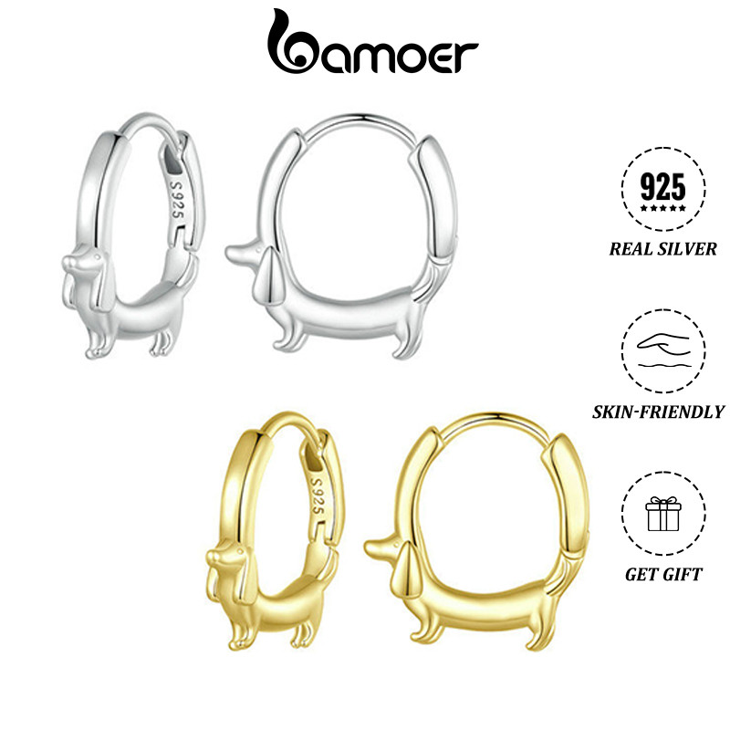 Bamoer 1 คู่ต่างหู 925 เงินสเตอร์ลิง Sliver ต่างหูห่วงสุนัข Dachshund Design Silvery & Golden ต่างหูของขวัญเครื่องประดับสําหรับผู้หญิงสาว