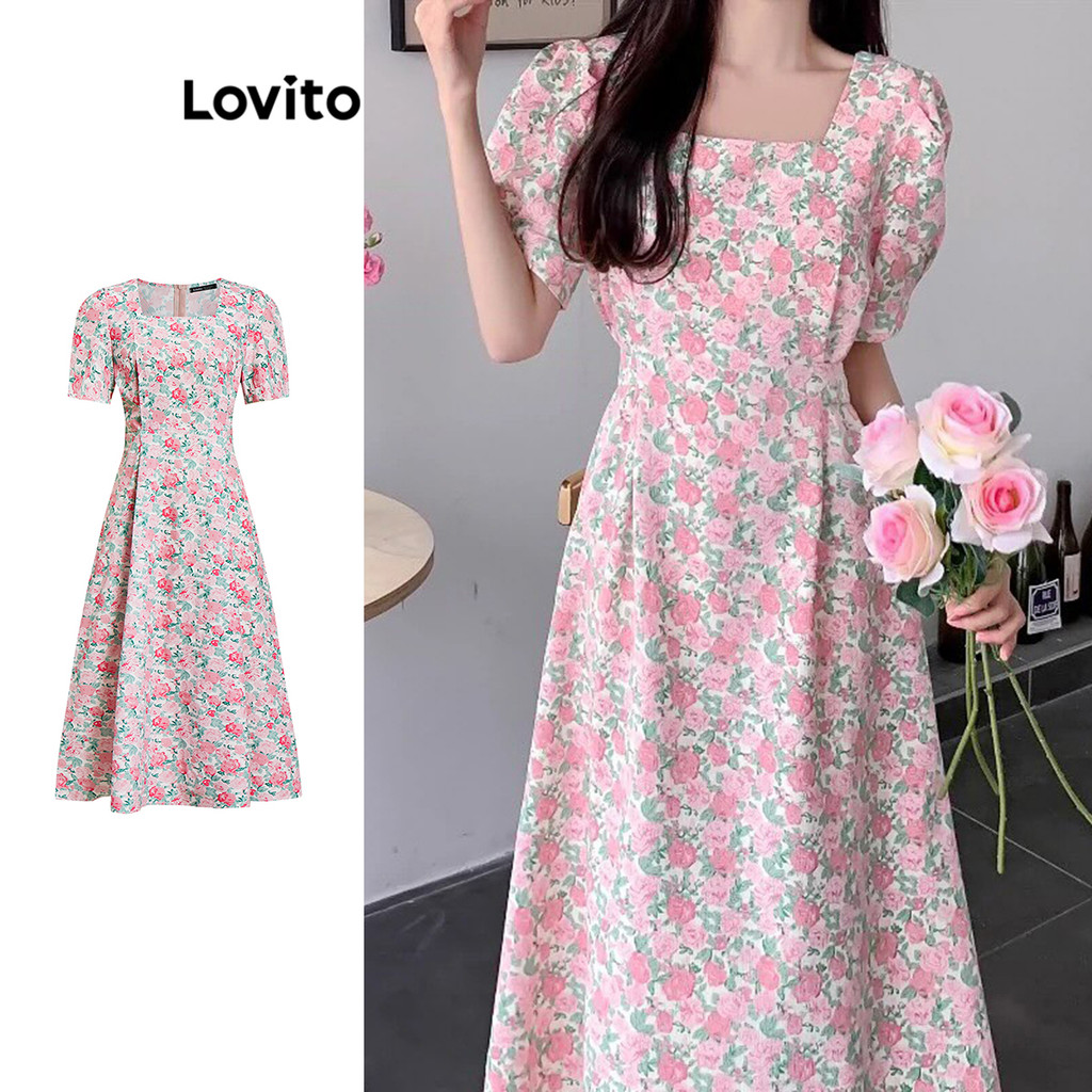 Lovito ชุดเดรสพื้นฐานลายดอกไม้ ดิทซี่ แบบสบาย ๆ สำหรับผู้หญิง L95ED541