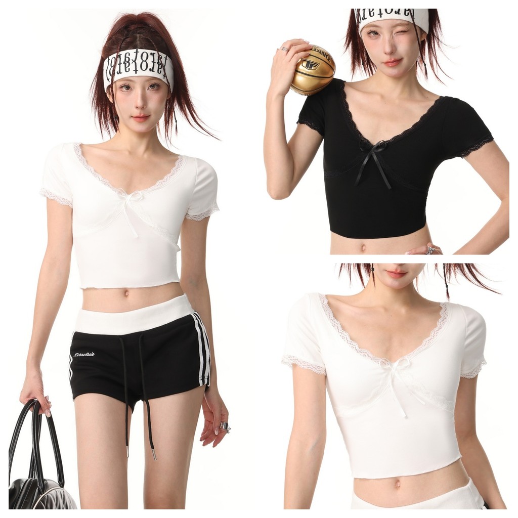 Luna Shop เสื้อยืดแขนสั้นลูกไม้สาวฮอตหวานสำหรับผู้หญิงเสื้อโบว์แมตช์ชุดง่ายสำหรับผู้หญิง