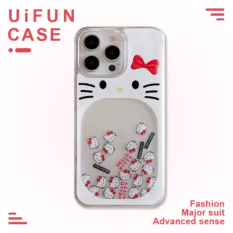 น่ารัก Bowknot Hello Kitty Slider Quicksand เคสโทรศัพท์สําหรับ iPhone 16 15 14 13 12 Pro Max 11 16Promax อะคริลิค Shock Proof Hard ฝาหลังปลอก