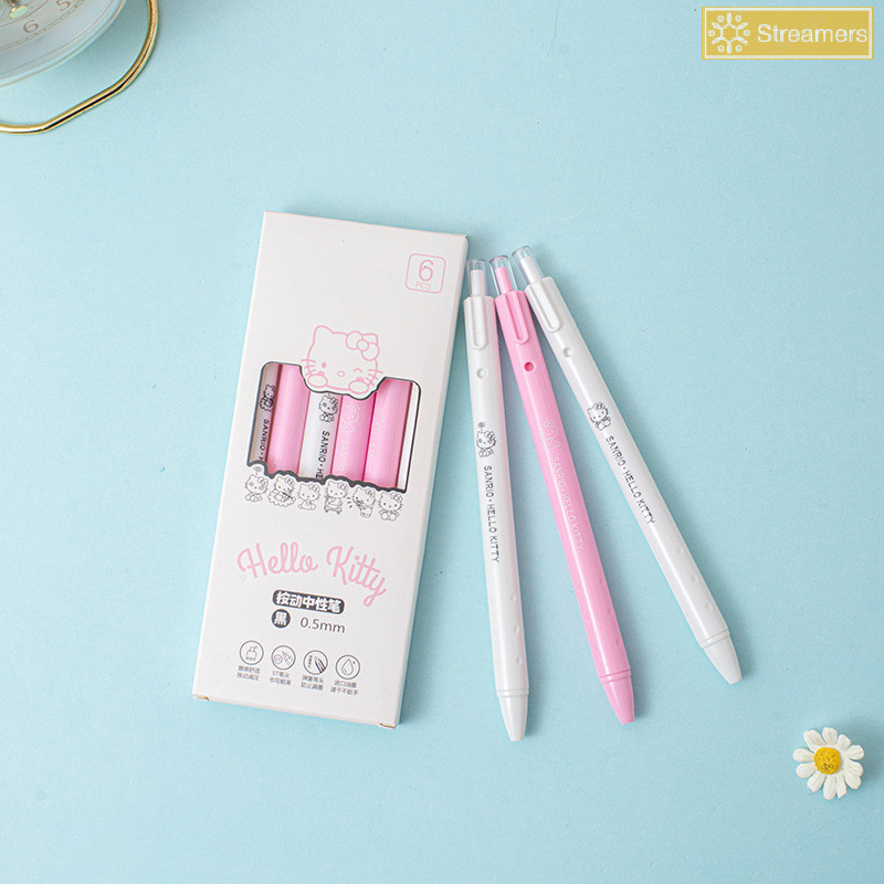 {Streamers} 6 ชิ้น Kawaii Sanrio ปากกาเจล 0.5 มม.ปากกาสีดําการ์ตูน Hello Kitty Cinnamoroll Kuromi กดปากกานักเรียนเครื่องเขียนอุปกรณ์การเรียนใหม่