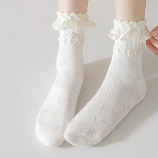 ริบบิ้นลูกไม้ Lolita ถุงเท้าผู้หญิงกลางหลอด Rose Bubble ปากถุงเท้าญี่ปุ่นน่ารัก Jk Breathable Sweaty ถุงเท้า