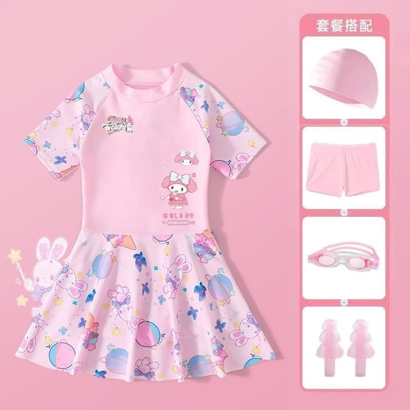 [2-12yrs] สาว Kuromi ชุดว่ายน้ำชุด Melody ขนาดเล็กโรงเรียนมัธยมเด็กฝึกอบรมชิ้นเดียว