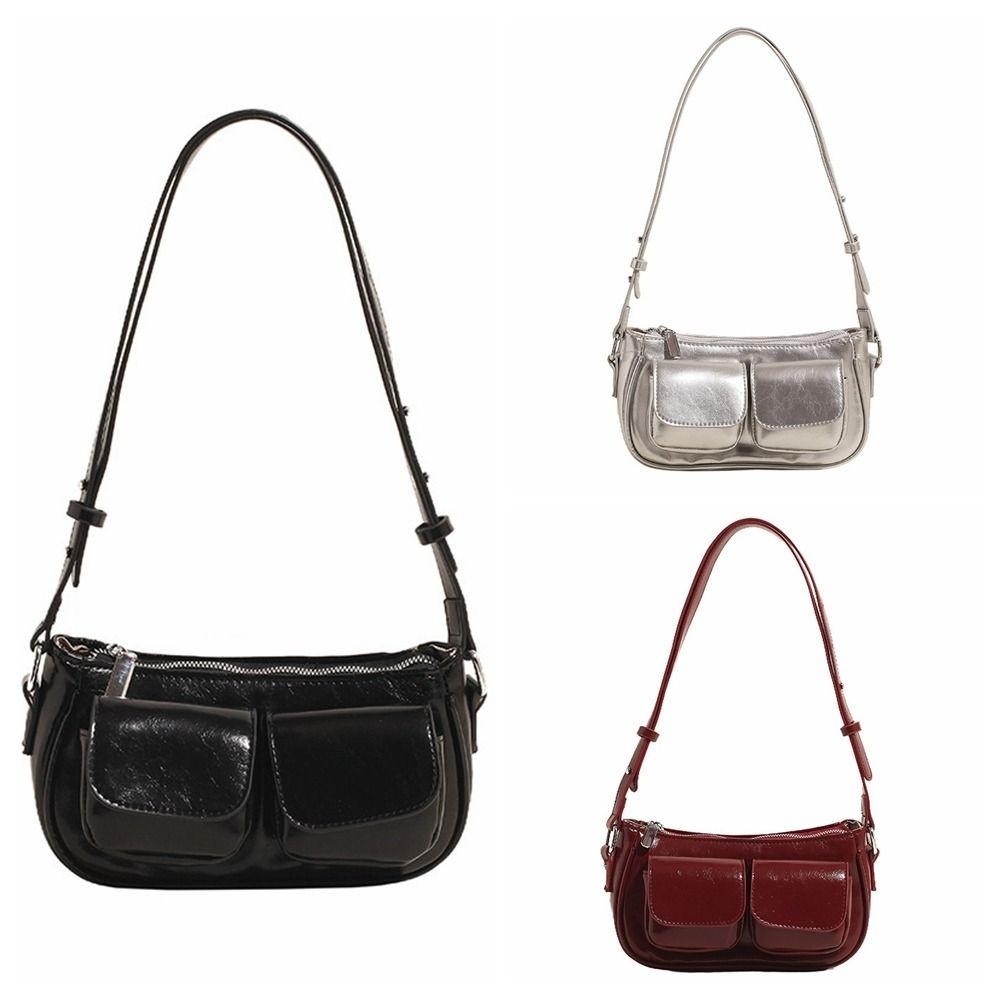 Sevenhalf กระเป๋าหนัง PU ใต้วงแขน, Y2K สายคล้องไหล่ปรับได้กระเป๋าสะพายกระเป๋า, Retro สีทึบซิปสไตล์เกาหลีผู้หญิงกระเป๋าถือกลางแจ้ง