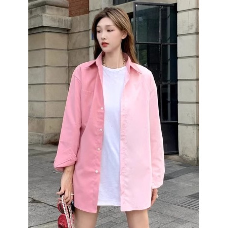 PKB067 เสื้อเชิ้ตทูโทนสีน่ารักสดใสคอปกแขนยาว 💙 พร้อมส่ง แฟชั่นฤดูร้อนสไตล์เกาหลีสําหรับผู้หญิง อก46 
