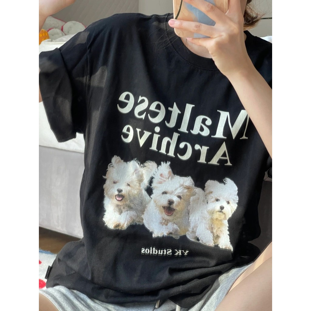 COD (กรุงเทพจัดส่งสินค้า)BOOM Shop เสื้อยืด Oversize ผ้าcotton 100% เสื้อยืดผู้หญิง คอกลม ใส่สบายลาย "Maltese Archive"