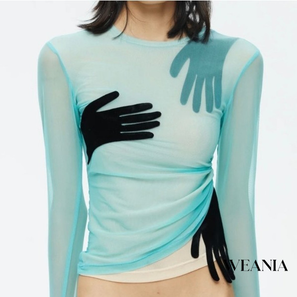 Weania สีทึบตาข่าย Splicing กํามะหยี่ปาล์มแขนยาวมุมมอง Crop Top