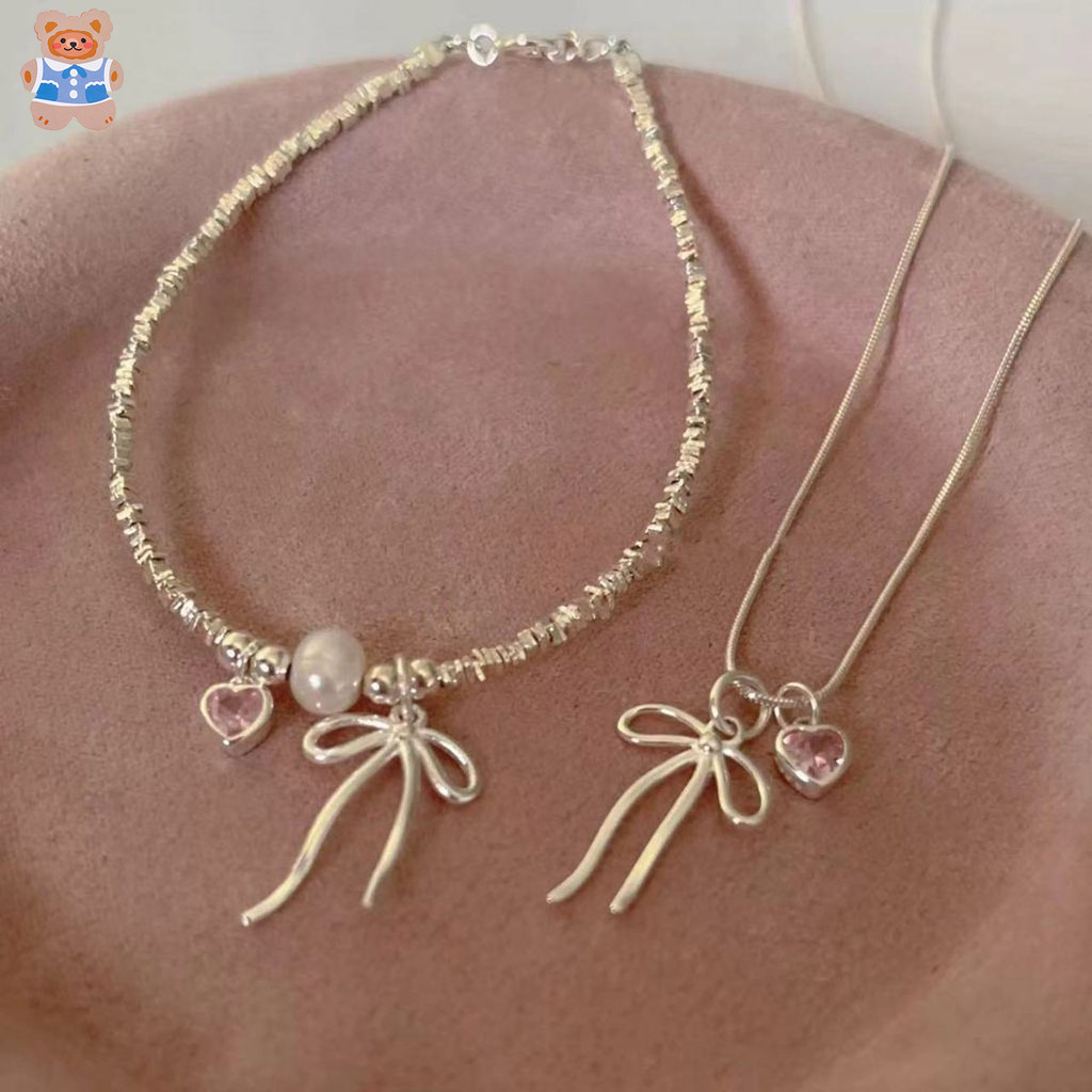 [CRD]Delicate Light Luxury Pink Bowknot และสร้อยคอรูปหัวใจเหมาะสําหรับสวมใส่ทุกวันของผู้หญิง