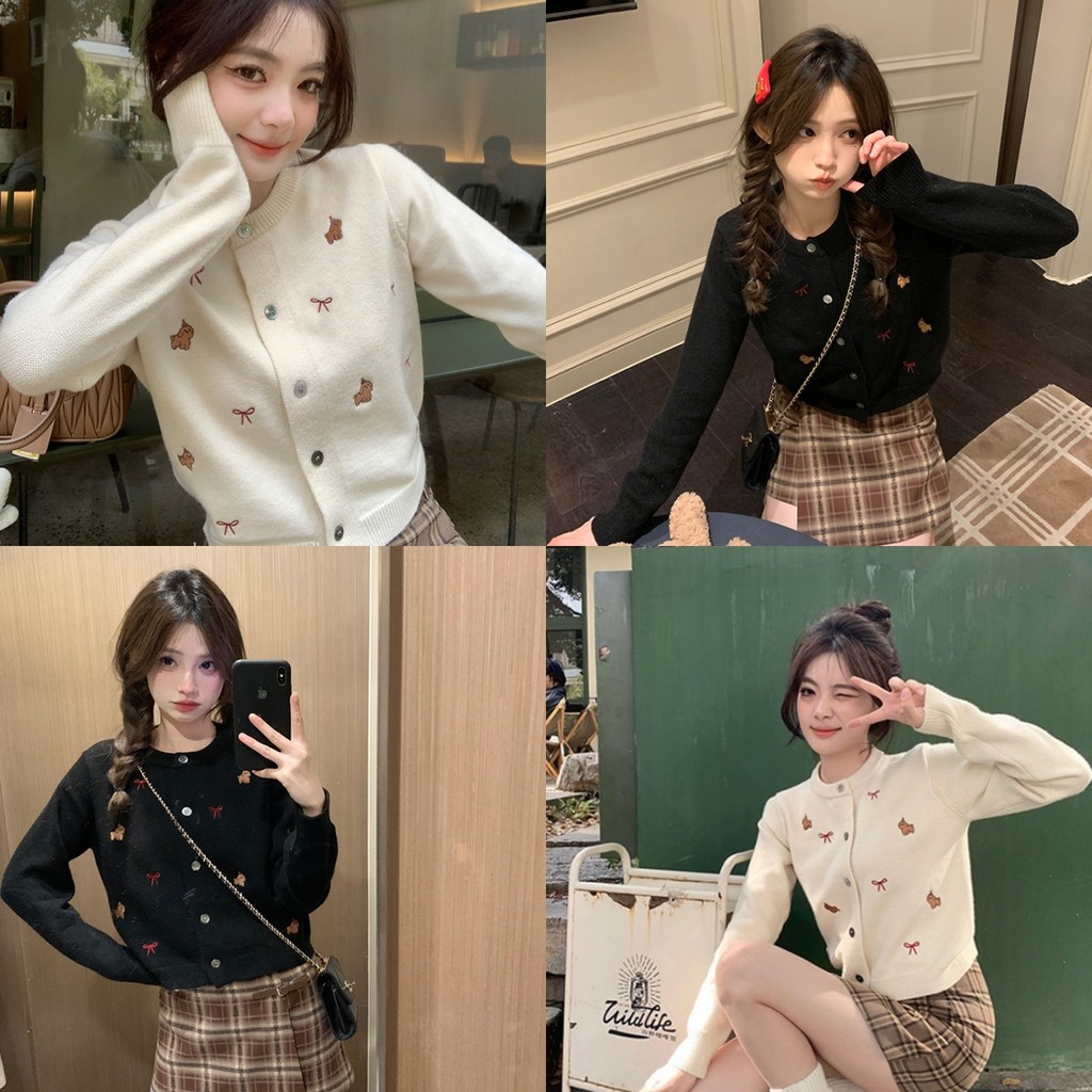 Bonnie ​เสื้อคลุมไหมพรมแขนยาวน่ารักมาก ผู้หญิง คอกลม กระดุมด้านหน้า ลายหมี สไตล์ลำลอง ส่งไวจากไทย#12512