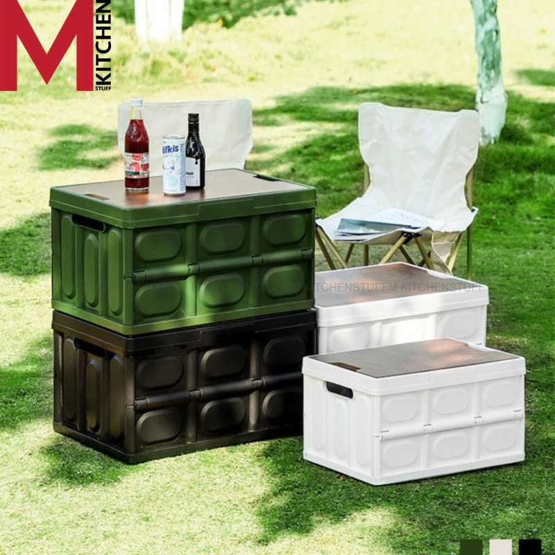 M KITCHEN กล่องเก็บของ กล่องพับได้ กล่องพลาสติก พร้อมฝาปิดไม้ สามารถวางซ้อนได้