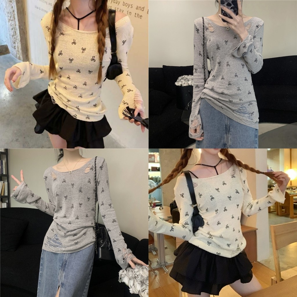 🍇Evelyn🍇​เสื้อไหมพรมแขนยาว คอกลม ดีเทลซีทรู ลายโบว์ น่ารักมาก แฟชั่น สไตล์เกาหลี ส่งไวจากไทย#Y6526