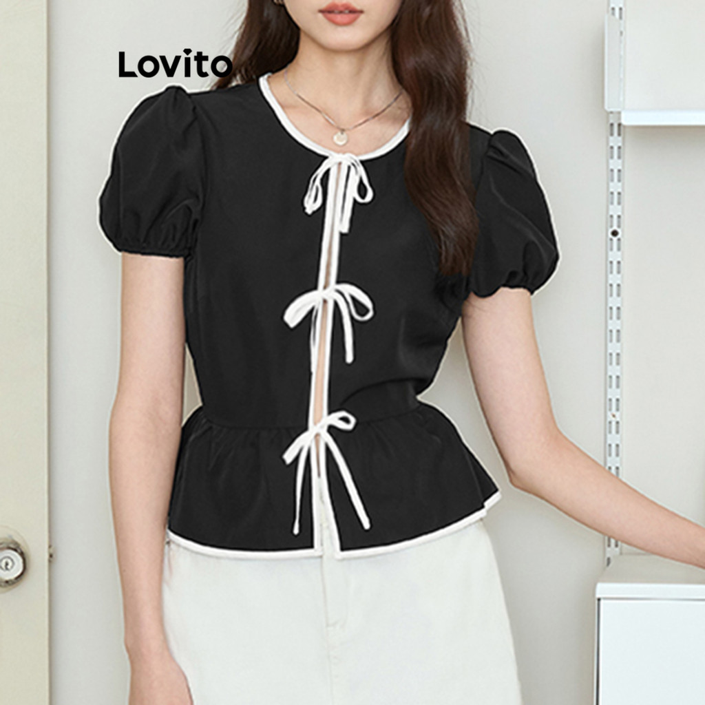 Lovito เสื้อเบลาส์สำหรับผู้หญิง สีบล็อกเรียบหรูลูกไม้ขึ้นโบว์สำหรับผู้หญิง L104ED958