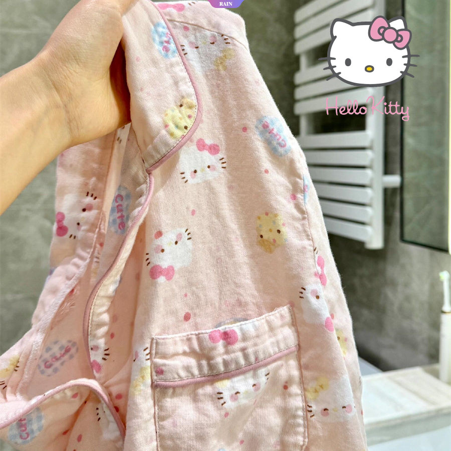 SANRIO ซานริโอ HelloKitty ชุดนอนหญิงฤดูใบไม้ผลิและฤดูใบไม้ร่วงใหม่แขนยาวกางเกงขายาวญี่ปุ่นรอบคอบางชุดการ์ตูน [RAIN]