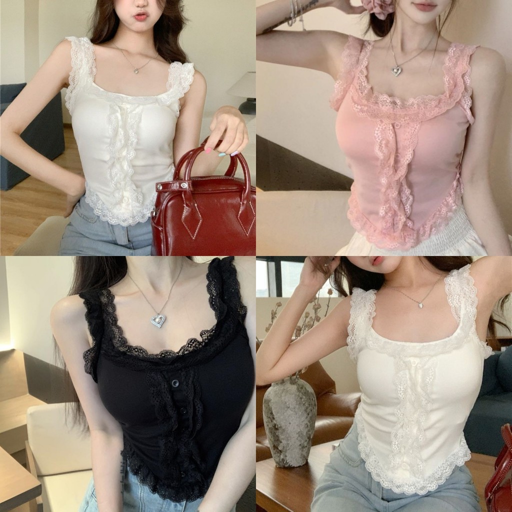 Evelyn เสื้อกล้ามสไตล์เกาหลี ผู้หญิง เซ็กซี่ แขนกุด แต่งดีเทลขอบลูกไม้ สีพาสเทล มีฟองน้ำ ทรงสวย#FYA075
