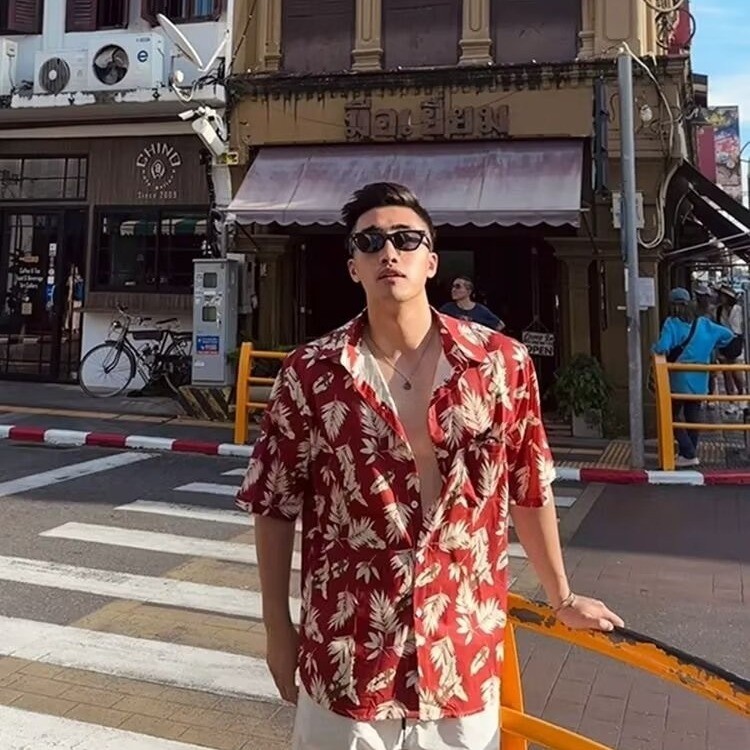 ฮาวายน้ําแข็งผ้าไหมชายหาดฤดูร้อนไทยริมทะเลวันหยุดดอกไม้เสื้อแขนสั้นชาย