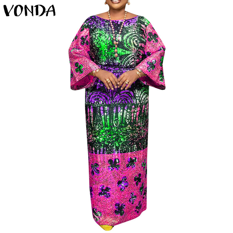 Vonda ชุดเดรสคอกลมแขนยาวพิมพ์ลายลําลองสไตล์วินเทจสําหรับผู้หญิง