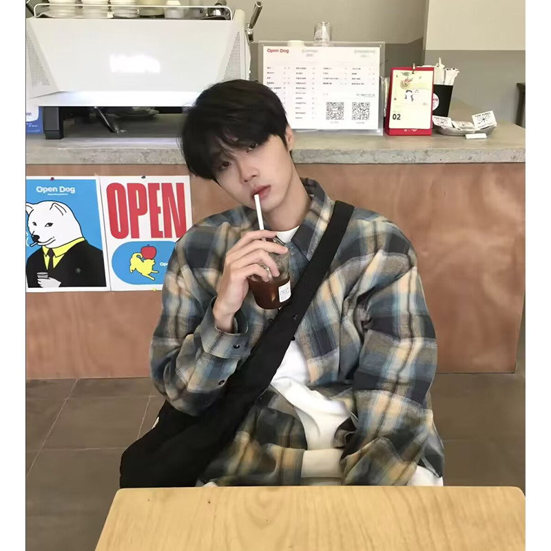 ฤดูใบไม้ผลิฤดูใบไม้ร่วงสไตล์ญี่ปุ่นระดับไฮเอนด์ถนนสวมเสื้อลายสก๊อตแขนยาว