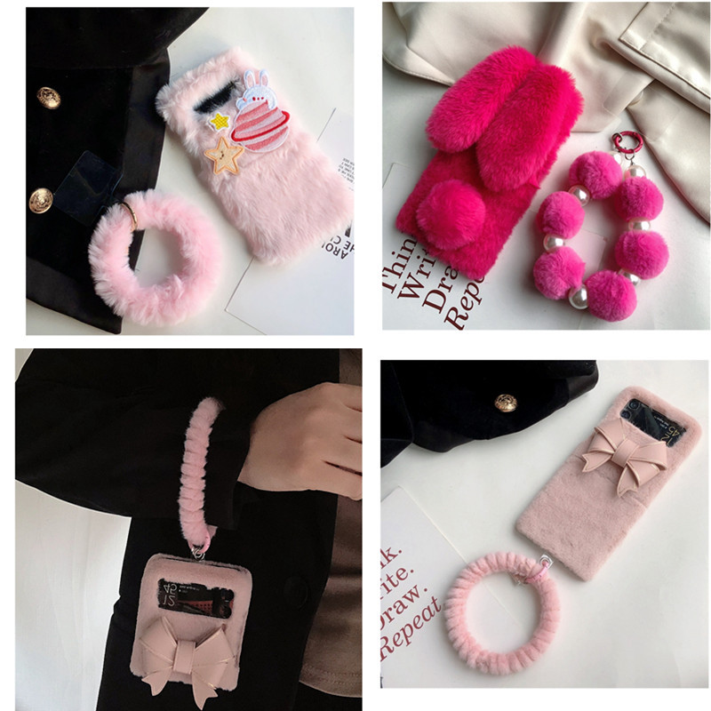 Luken Diy ตุ๊กตาน่ารักกระต่าย Fur Ball สร้อยข้อมือโบว์เคสโทรศัพท์สําหรับ Samsung Galaxy Z Flip4 สําห