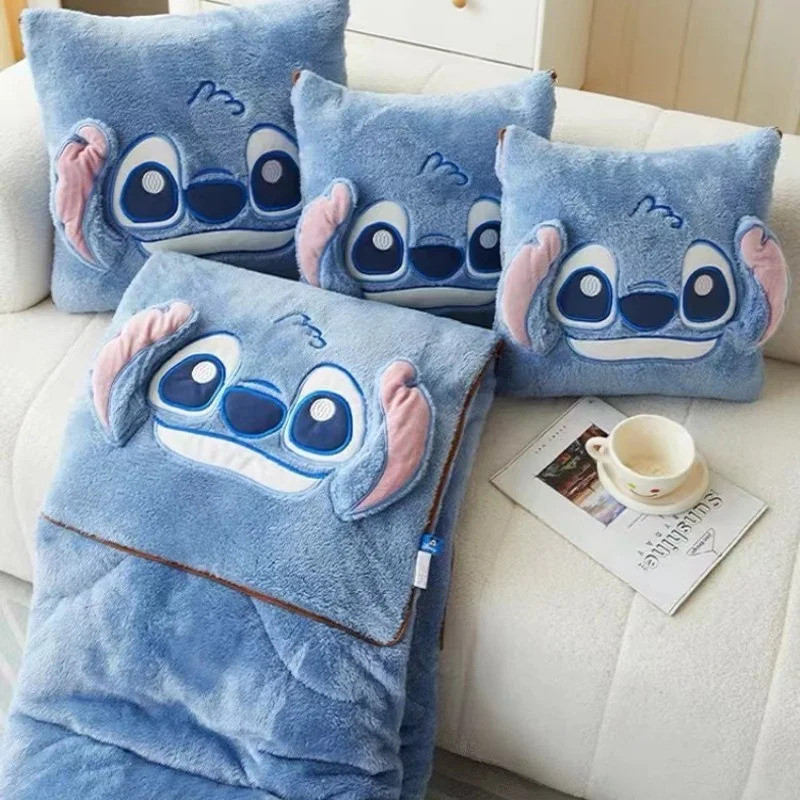 Disney Stitchโยนหมอนผ้าห่มสองในหนึ่ง Kawaii Flannel หมอนหนา Nap ผ้าห่มห้องนั่งเล่นตกแต่งห้องนอนของขวัญ