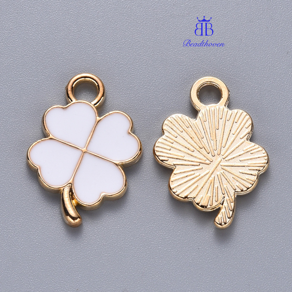 10 ชิ้นโลหะผสมเคลือบจี้ Clover Light Gold สีขาว 18x12x2 มม.รู: 2 มม.