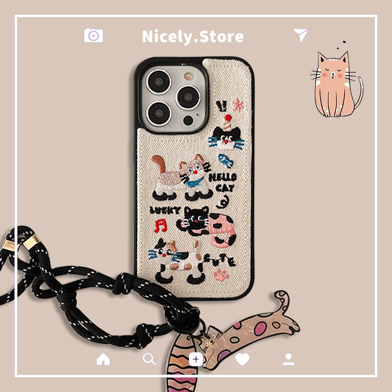 น่ารักสีขาว Jean Cat จี้เคสโทรศัพท์สําหรับ iPhone 16 15 14 13 12 Pro Max 16Promax พร้อมสายรัดข้อมือ Shock Proof TPU ปลอกมือถือ