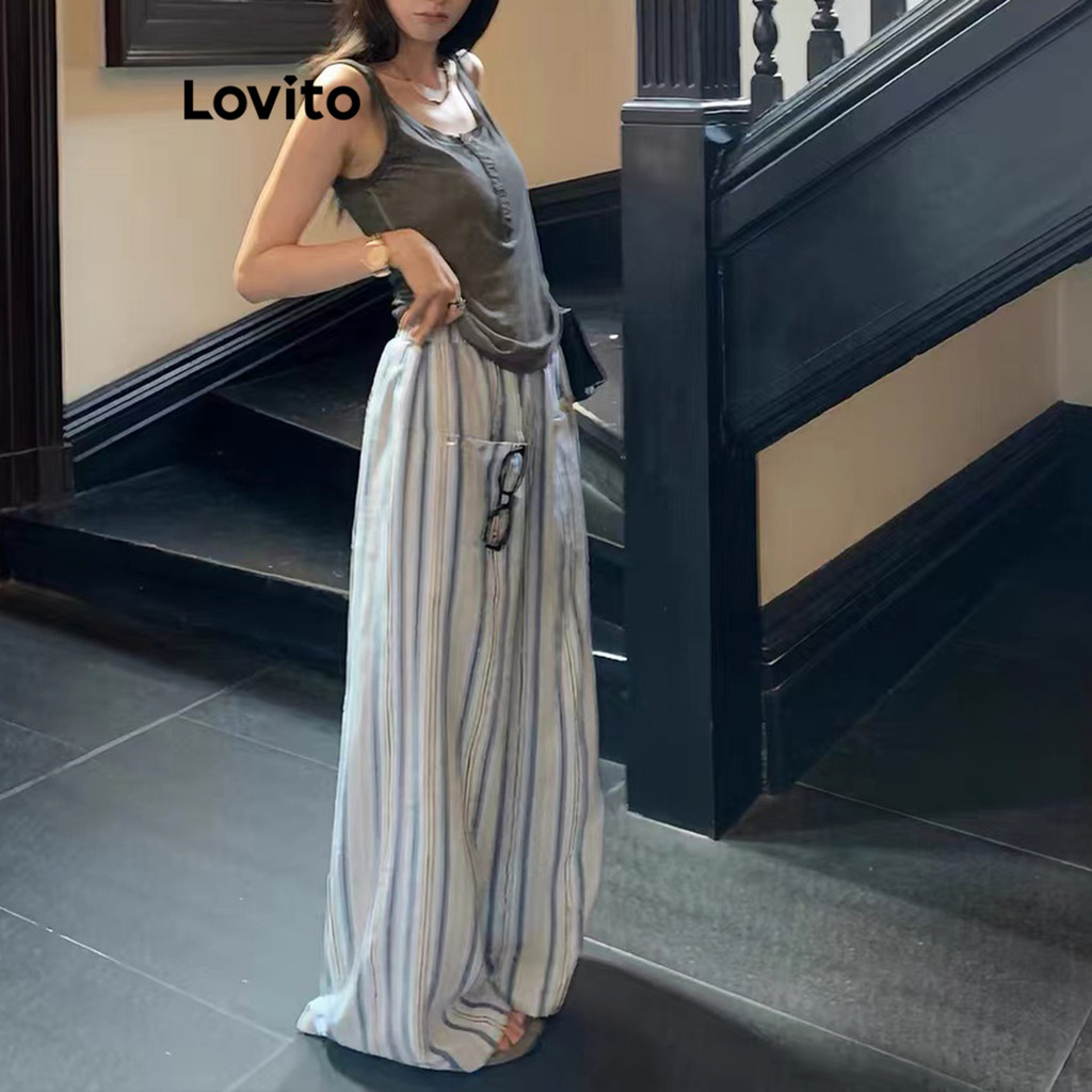 Lovito กางเกงลายทางลำลองสำหรับผู้หญิง LNA73029