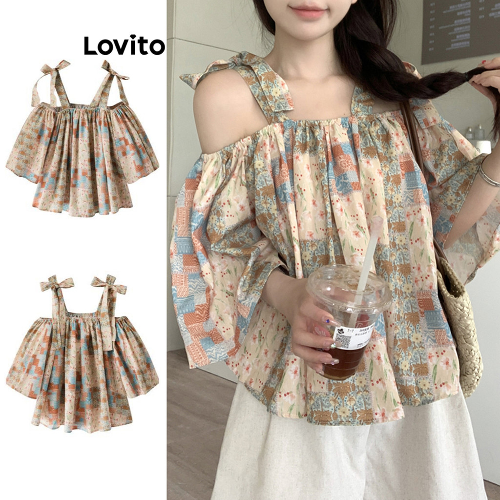 Lovito เสื้อเบลาส์ลายดอกไม้ ดิทซี่ แบบสบาย ๆ แบบผูกด้านหน้าสำหรับผู้หญิง LNE71650